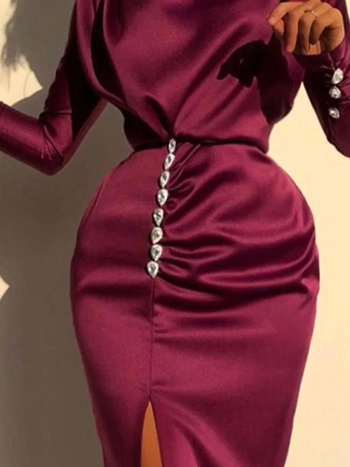 Turtleneck Slit Ruched Elegant Maxi Dress