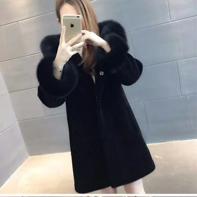 Fashion Winter New Hooded Sheep Sheared Fur Coat Wool Coat Women's Medium And Long Imitation Fox Hair Thickened Korean Slim Fit
