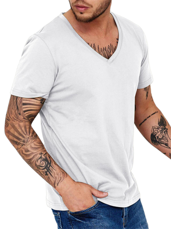 Summer Men's Personalized V-neck T-shirt Fashion Casual Sports Short-sleeved Tops Solid-color T-shirt