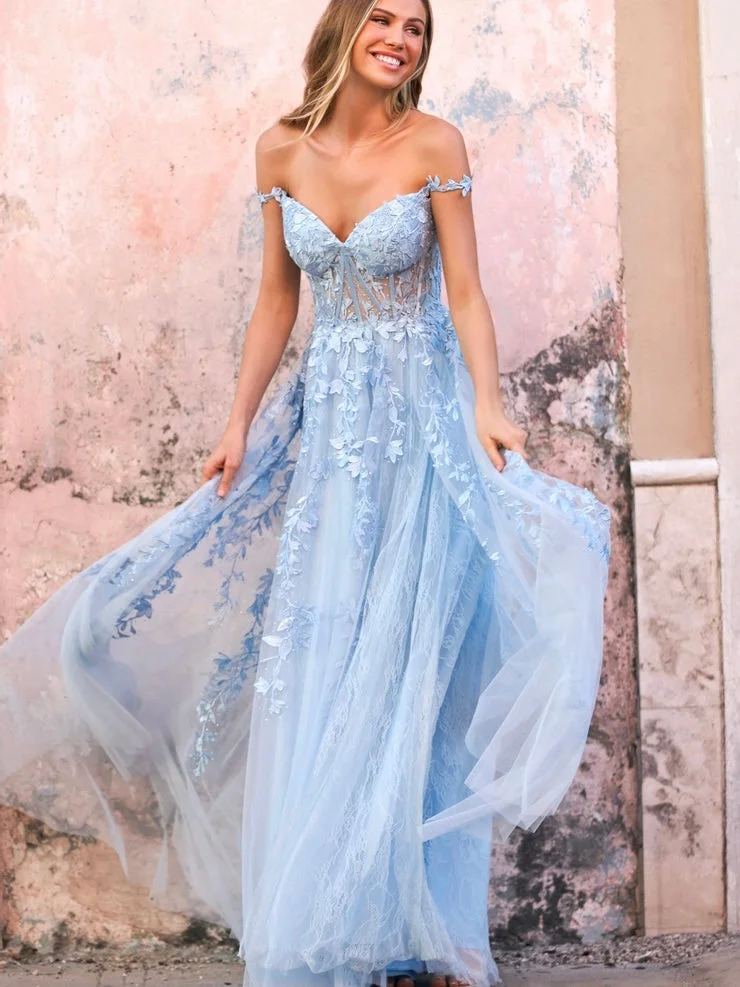 Light Pale Baby Blue Tulle A Line Formal Gown 3D Floral Lace Applique ...