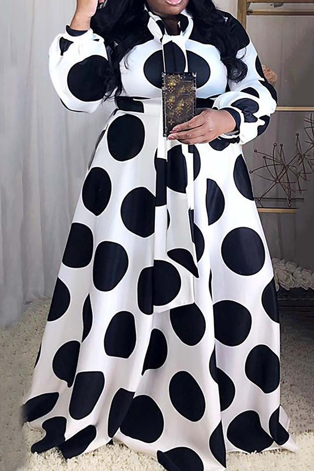 Plus Size Semi Formal Maxi Dresses Casual White Polka Dot Spring Summer Long Sleeve Knitted Maxi Dresses