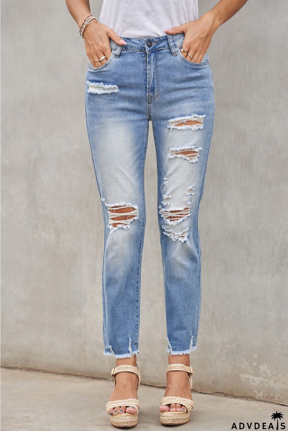 Fashion Light Blue Distressed Boyfriend Denim Pants