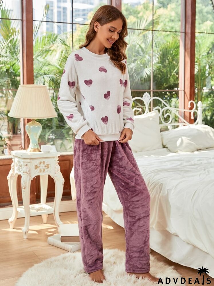 Heart Print Flannel Sweatshirt & Pants PJ Set