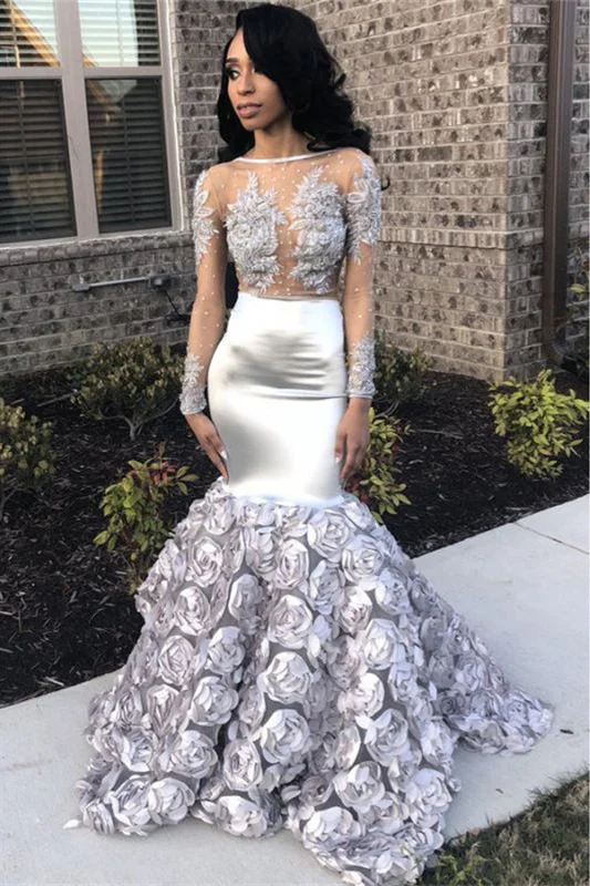 Chic Silver Long Sleeves Prom Dress Mermaid With Flowers Bottom - lulusllly