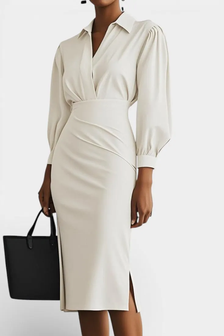 Structured Shirt Collar Dress with Puff Sleeves and Mid-Calf Slit