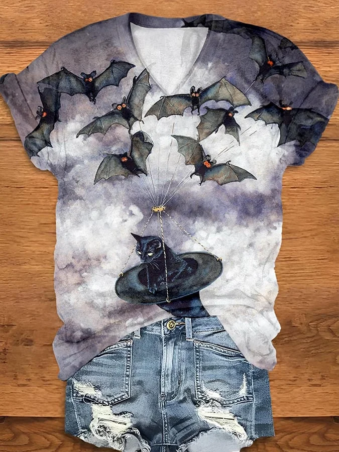 Women'S Bats Witch Cat Print Shirt