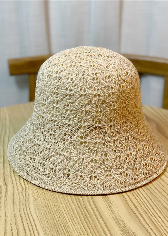 Women Beige Thin Hollow Out Cotton Blended Bucket Hat