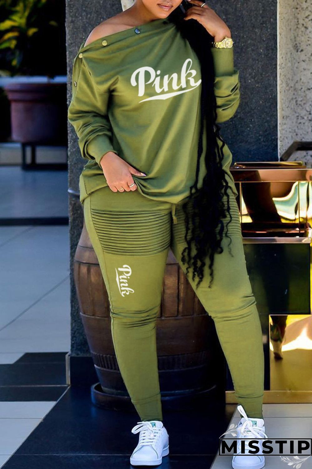 Green Fashion Casual Letter Print Basic Oblique Collar Long Sleeve Two Pieces