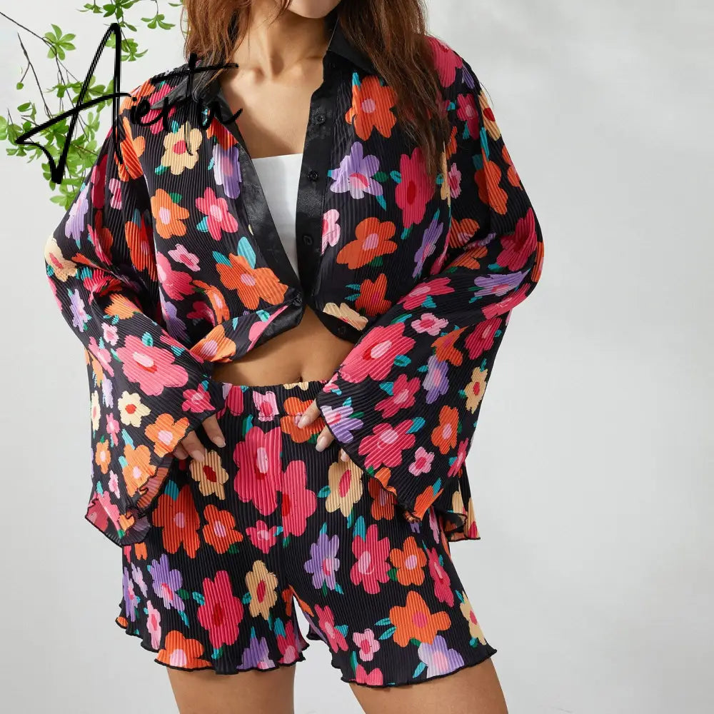 Women Two-piece Pleated Shorts Suits Chic Fashion Flower Print Long Sleeve Shirts and Loose Shorts New Matching Set Aiertu