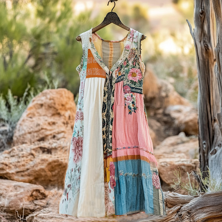 Women's Vintage Floral Applique Art V Neck Dress