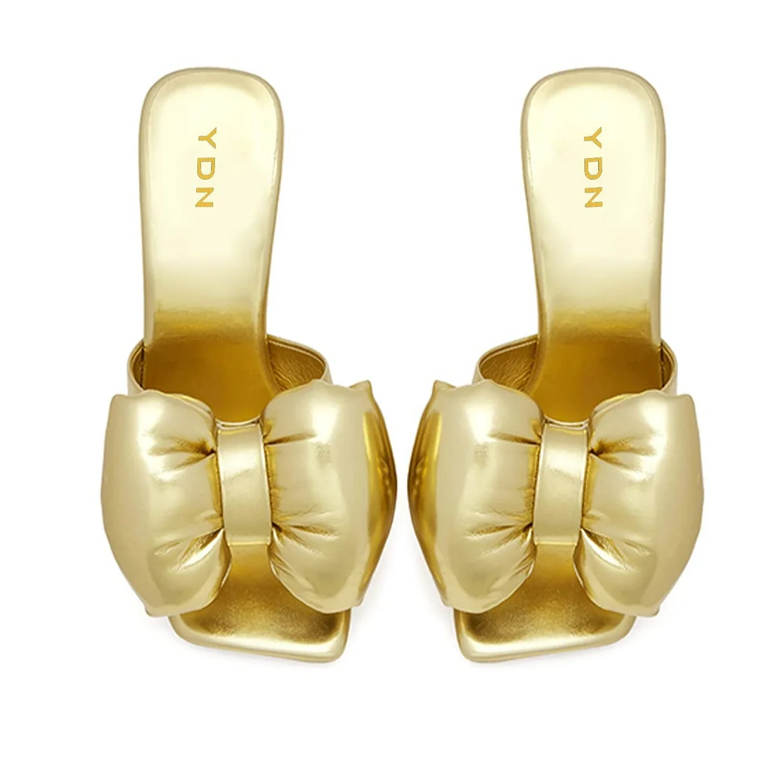 YDN Gold Open Square Toe Slip On Bow Heeled Mules with Rhinestone