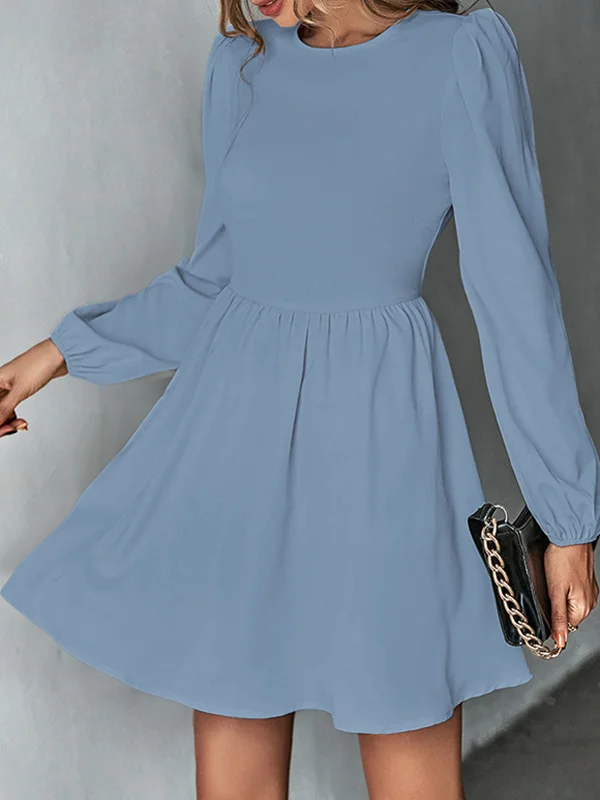 A-Line Bishop Sleeve Backless Elasticity Hollow Pleated Solid Color Tied Round-Neck Mini Dresses
