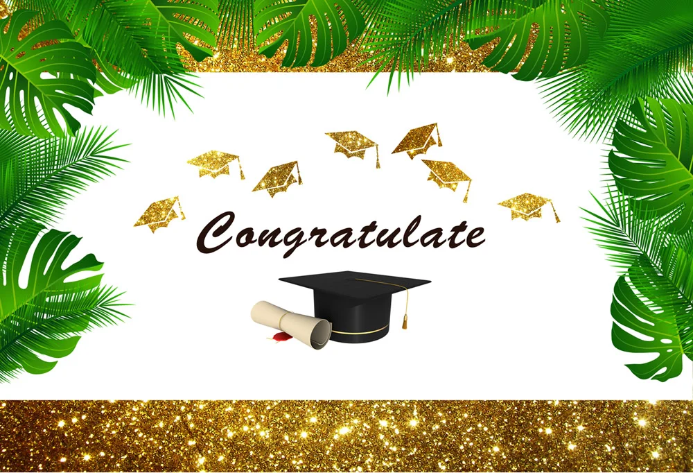 Green Leaves And Gold Congratulate Graduation Party Backdrop RedBirdParty