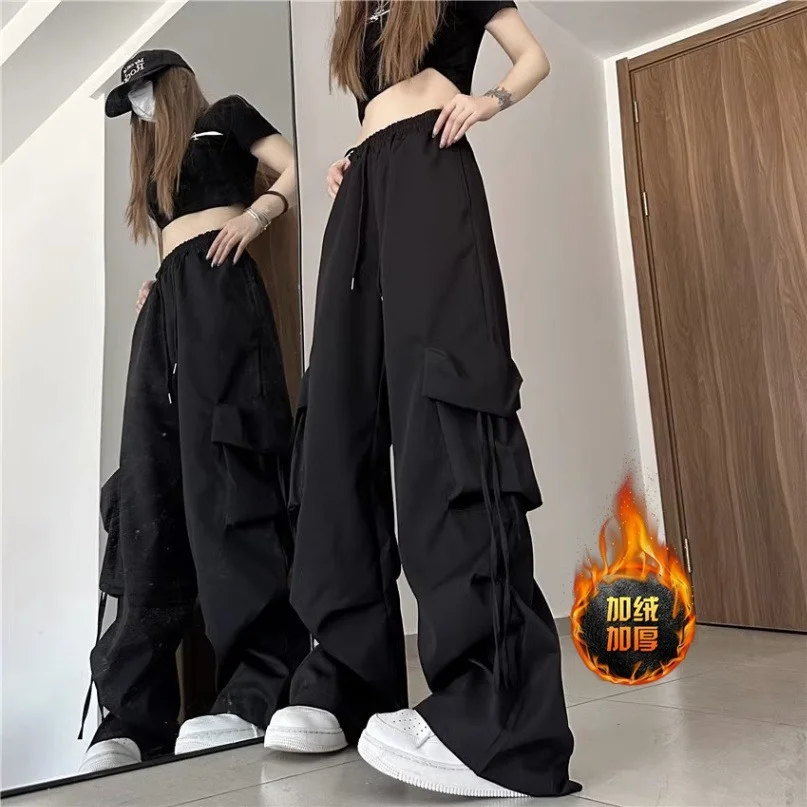 Zingj Zingj Ancient Ways Add Velvet Add Thick Cargo Pants Female Autumn Winter High Waist Wide Leg Design Feeling Loose Casual Straight Tube Trousers Tide
