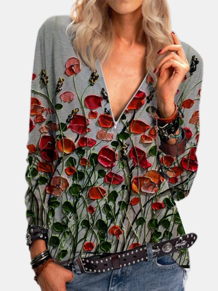 Casual Floral Printed Zipper Button Long Sleeve Shirt P1776955