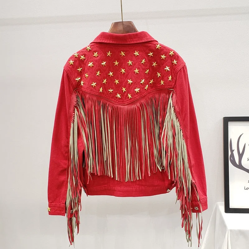Denim Women Jacket 2021 Autumn New Spring Vintage Star Rivet Suede Fringe Loose Coat Long Sleeve Outerwear Female Boho Jacket