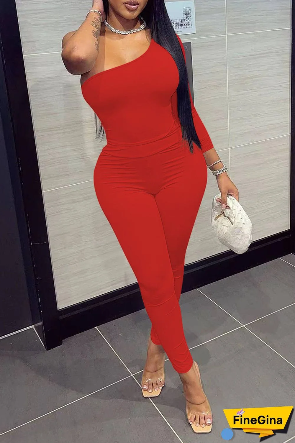 Red Sexy Solid Patchwork Oblique Collar Long Sleeve Two Pieces