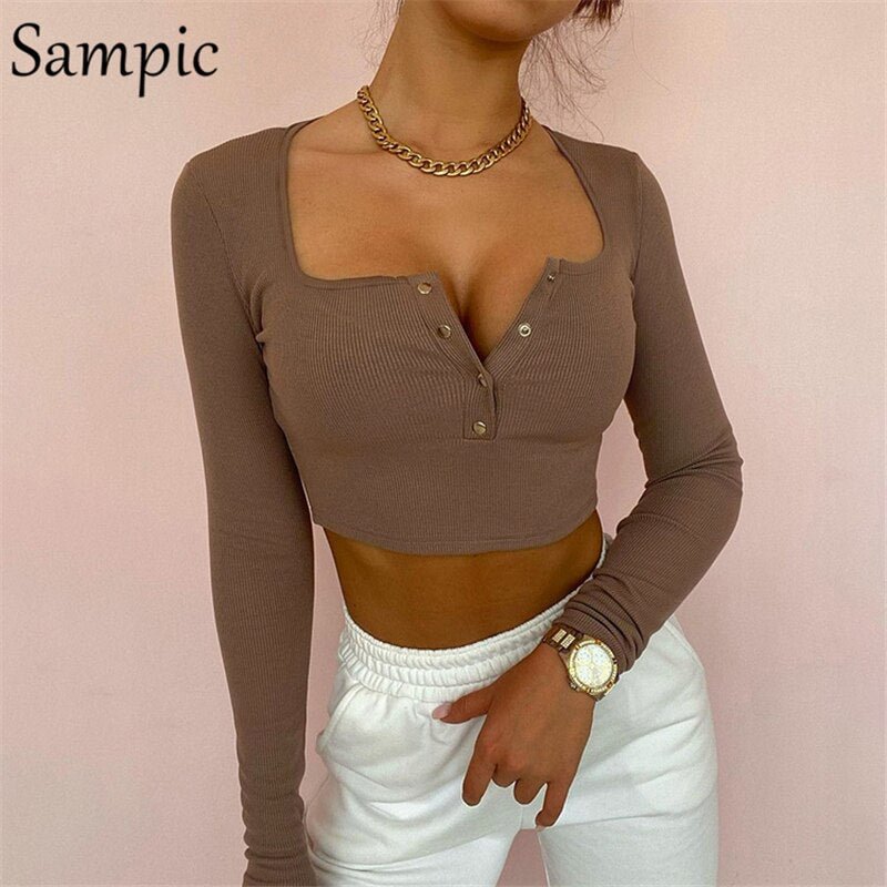 Sampic V Neck Ribbed Women Knitted Long Sleeve Cropped T Shirt Tops Sexy Casual White Skinny Autumn Winter Basic Tees 2021