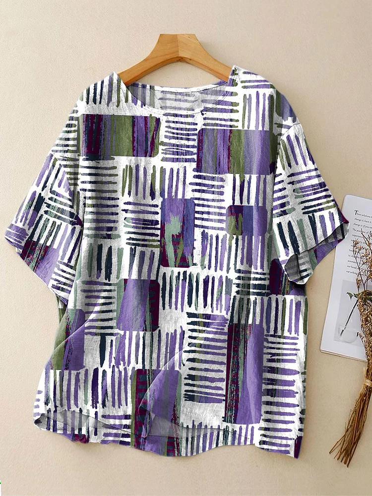 Women's Fashion Color Block Art Print Casual Linen Crew Neck Shirt