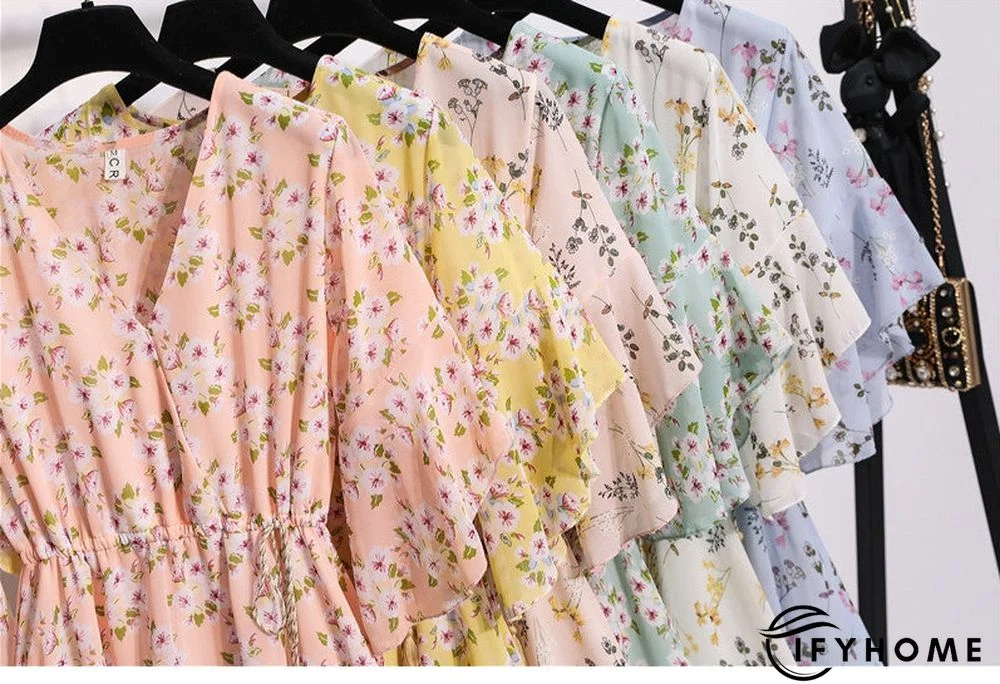 Spring Summer Chiffon Women V-Neck Floral Print Short Dresses Sweet Ruffle Sleeeve Slim Drawstring Ladies Dress | IFYHOME