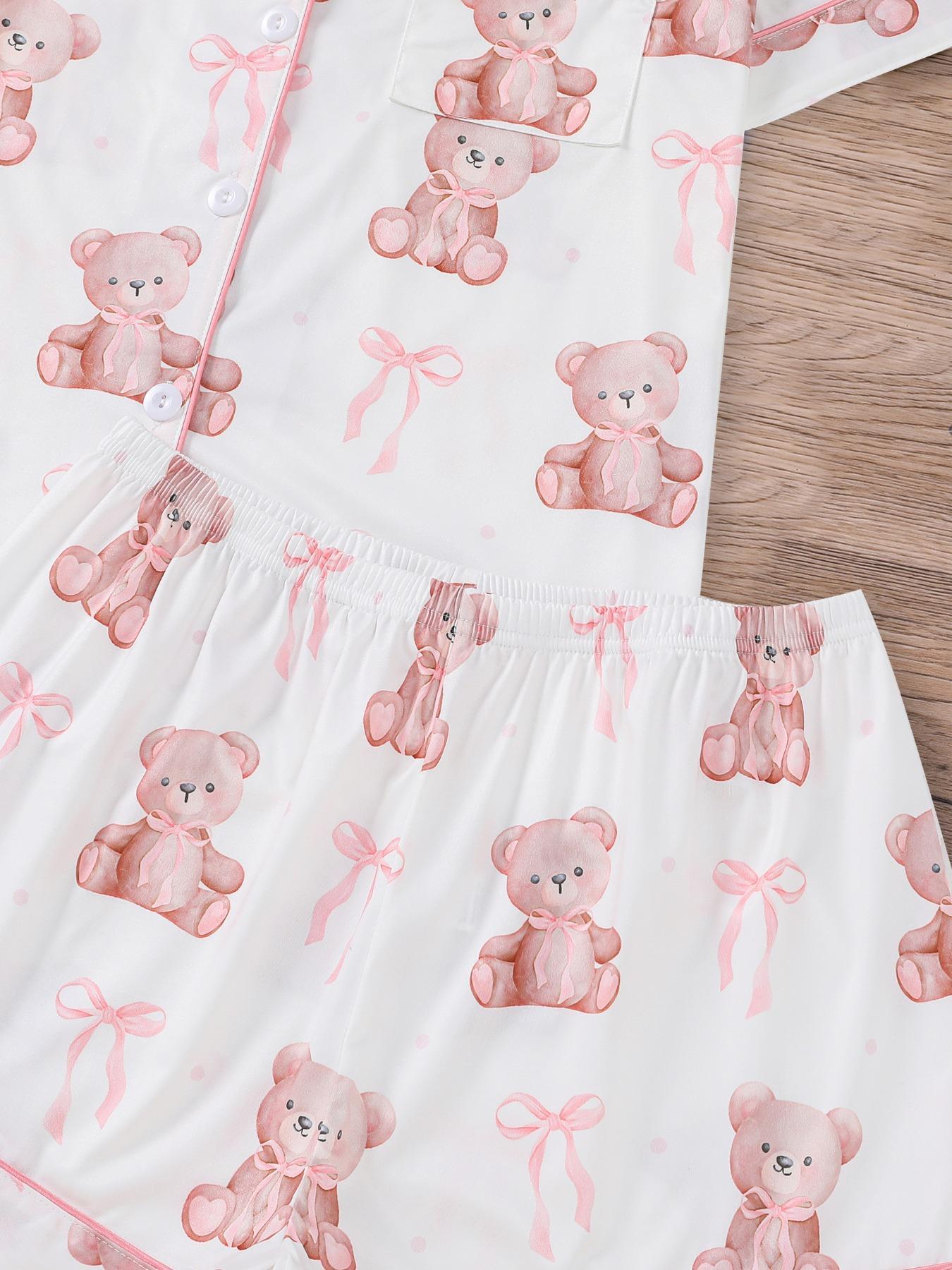 Women's Bear Print Knit Short Sleeve Top & Elastic Waist Shorts Pajama Set, Casual Fit Comfy Soft Cute Shirt & Shorts Loungewear Set, Ladies Sleepwear for Summer Pjs