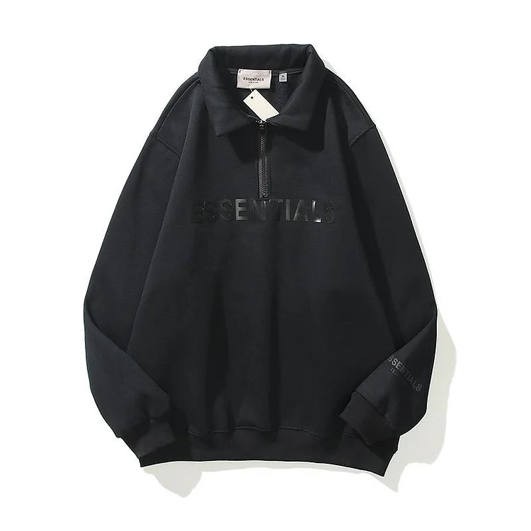 Fog Essentials Long Sleeve round Neck Sweatshirt Double Line Epoxy Alphabet plus Velvet Zip-up Turtleneck Sweater