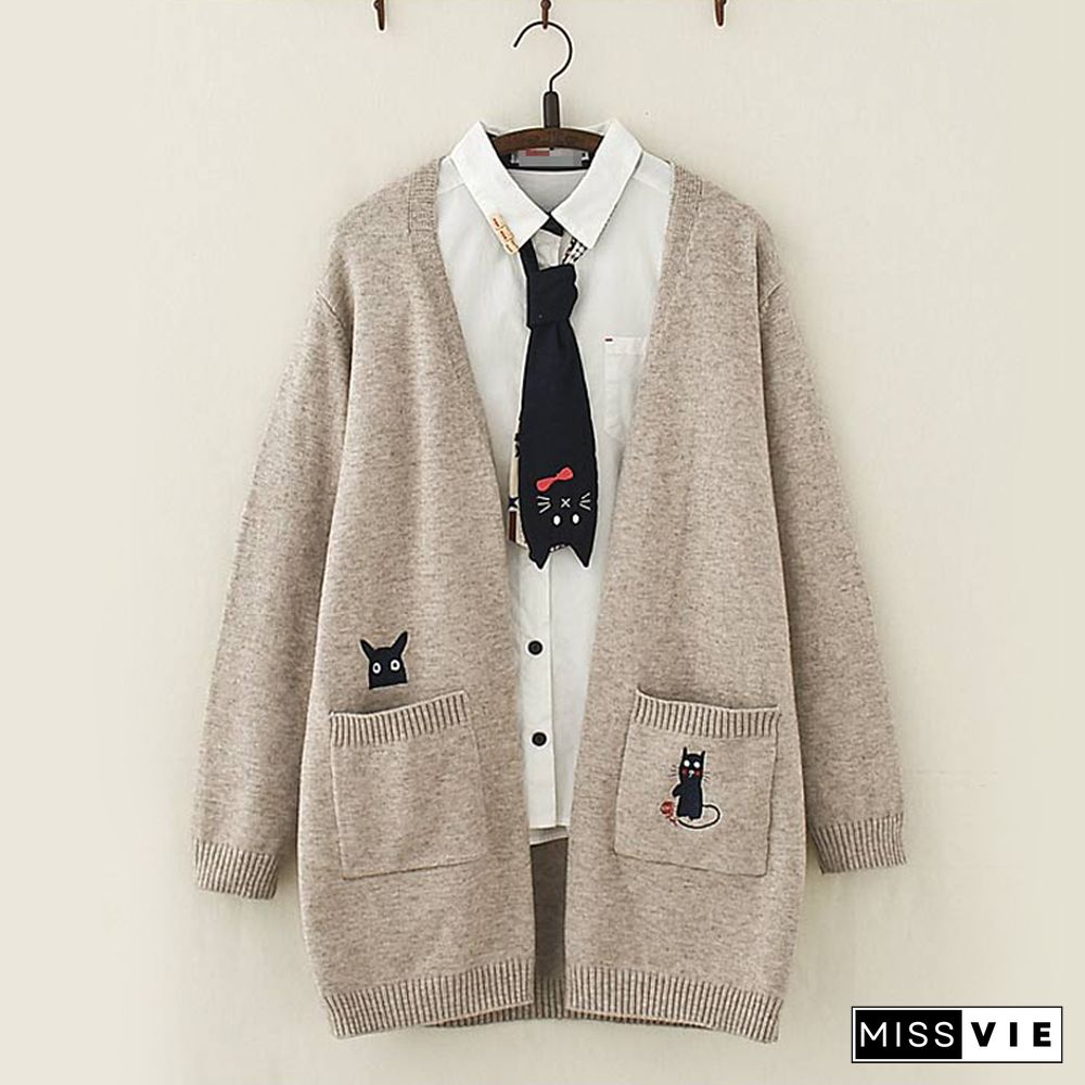 Cat And Mouse Embroidery Cardigan Sweater