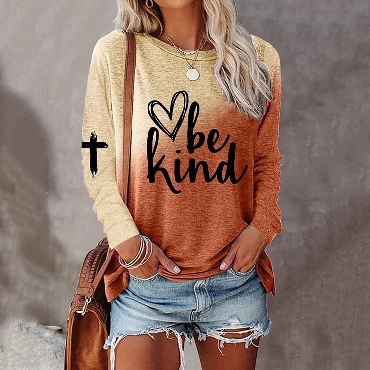 Comstylish Women's Faith Be Kind Cross Print Long Sleeve Ombre Sweatshirt