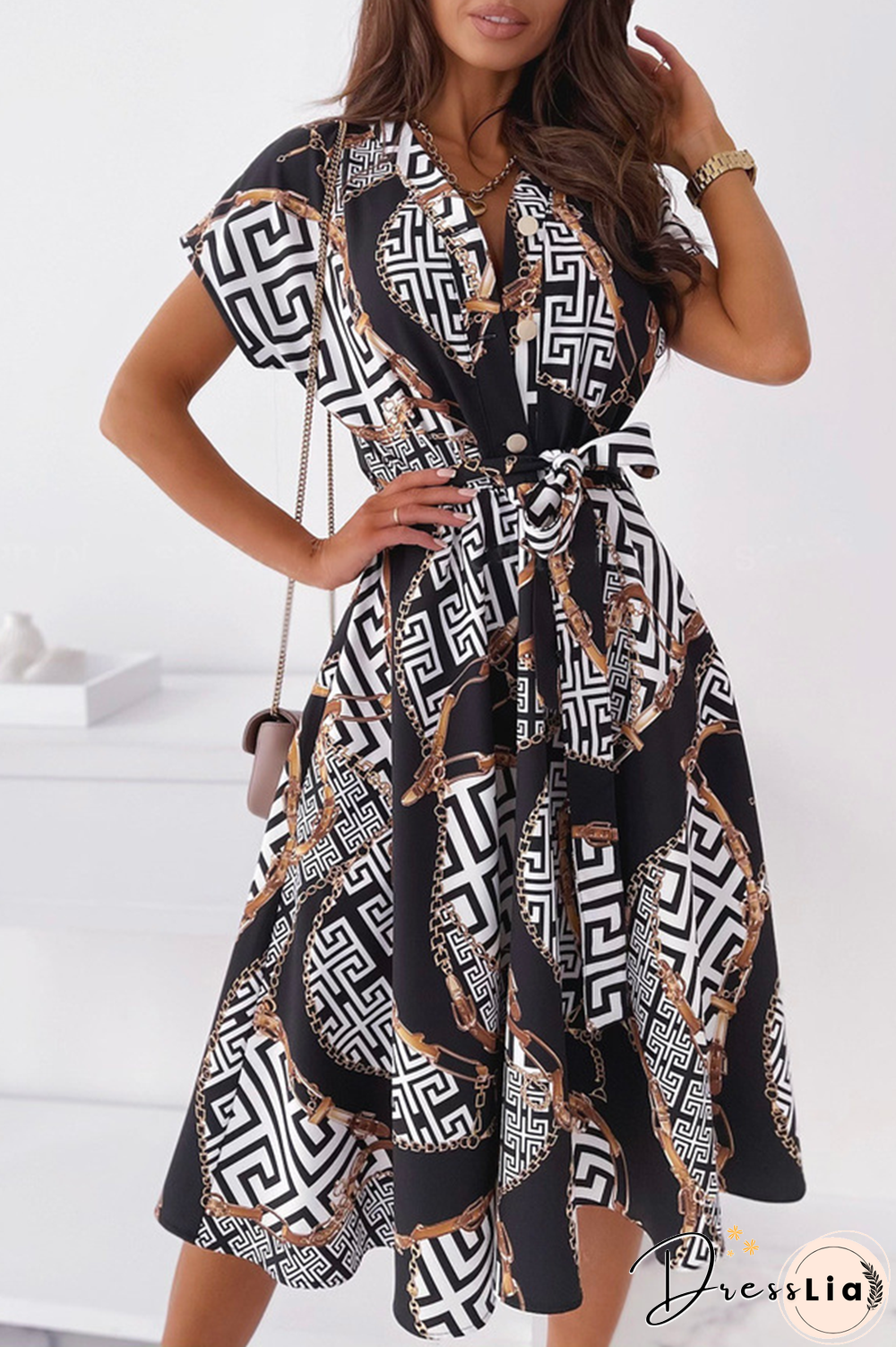 Elegant Print Buckle With Belt V Neck A Line Dresses(5 Colors)