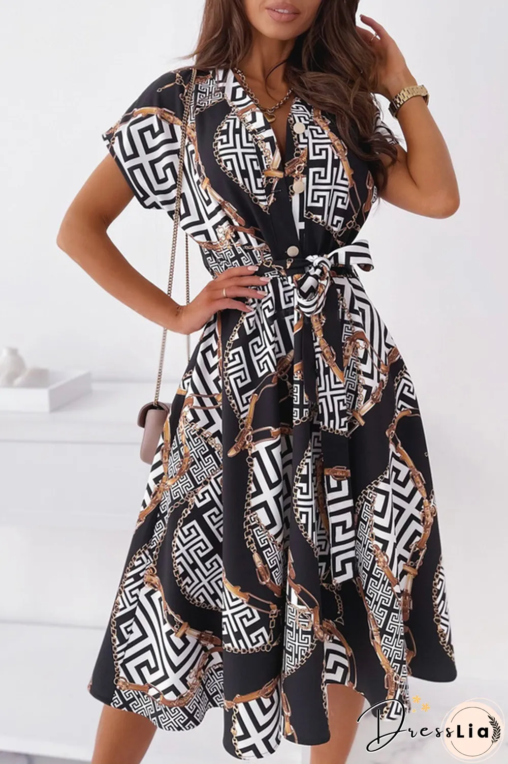Elegant Print Buckle With Belt V Neck A Line Dresses(5 Colors)