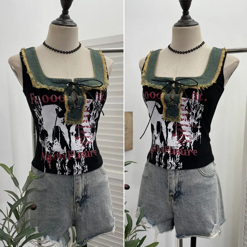 Nigikala Nigikala Shooting Hottie Hairy Denim Spliced Printed Vest With Bows Short Sleeveless Top 8926