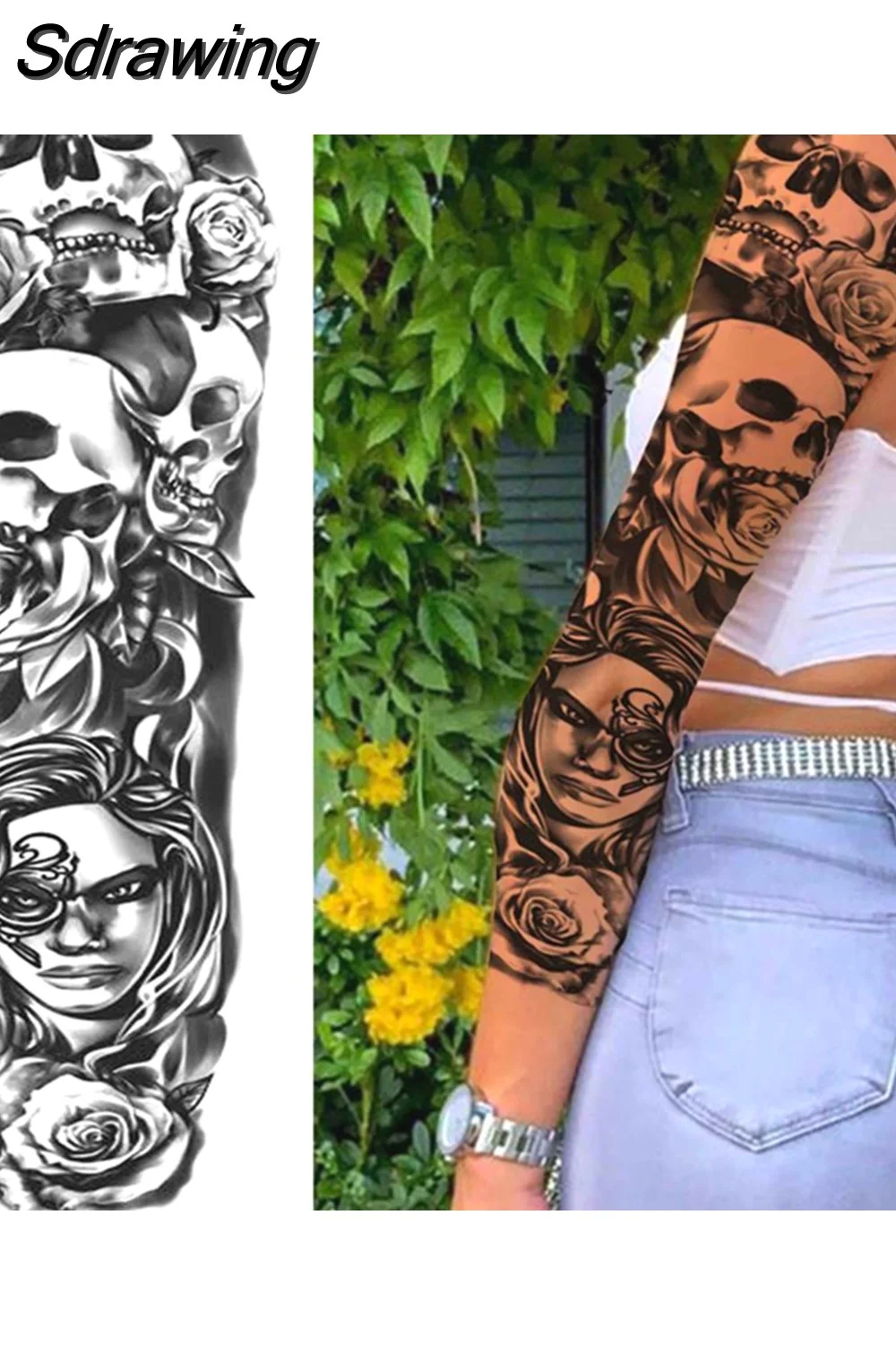 Sdrawing Arm Temporary Tattoos Sleeve For Men Women Realistic Fake Tatoos Warrior Lion Tiger Flower Tatoo Sticker Black Totem Maori 507-1