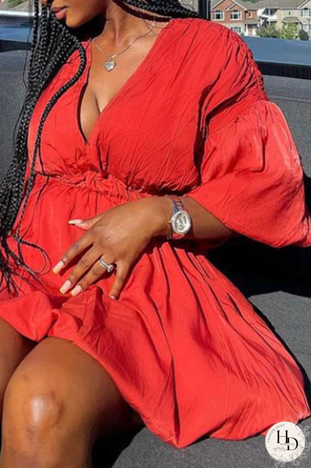 Red Fashion Sweet Solid Patchwork V Neck Lantern Skirt Dresses