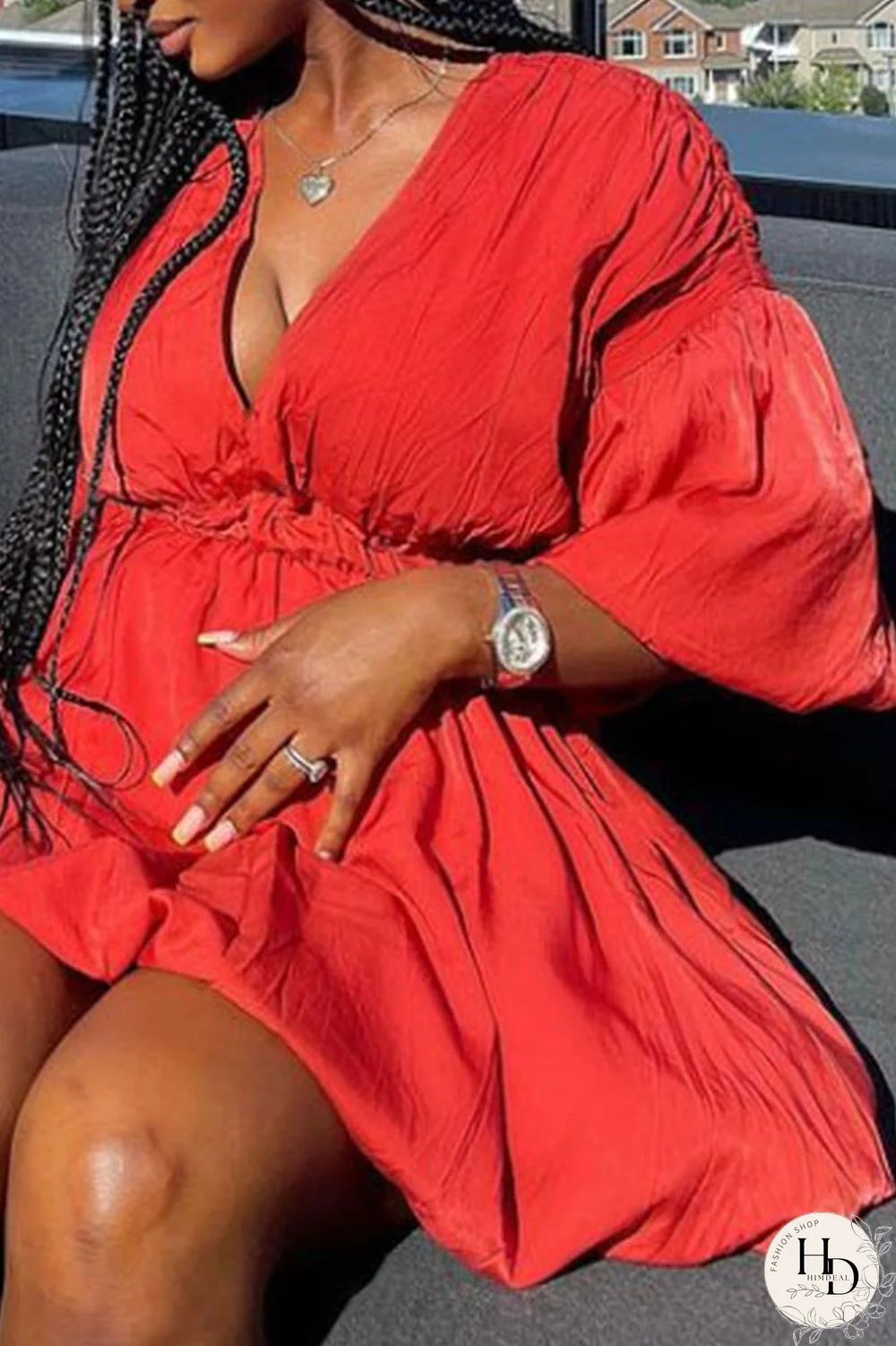 Red Fashion Sweet Solid Patchwork V Neck Lantern Skirt Dresses