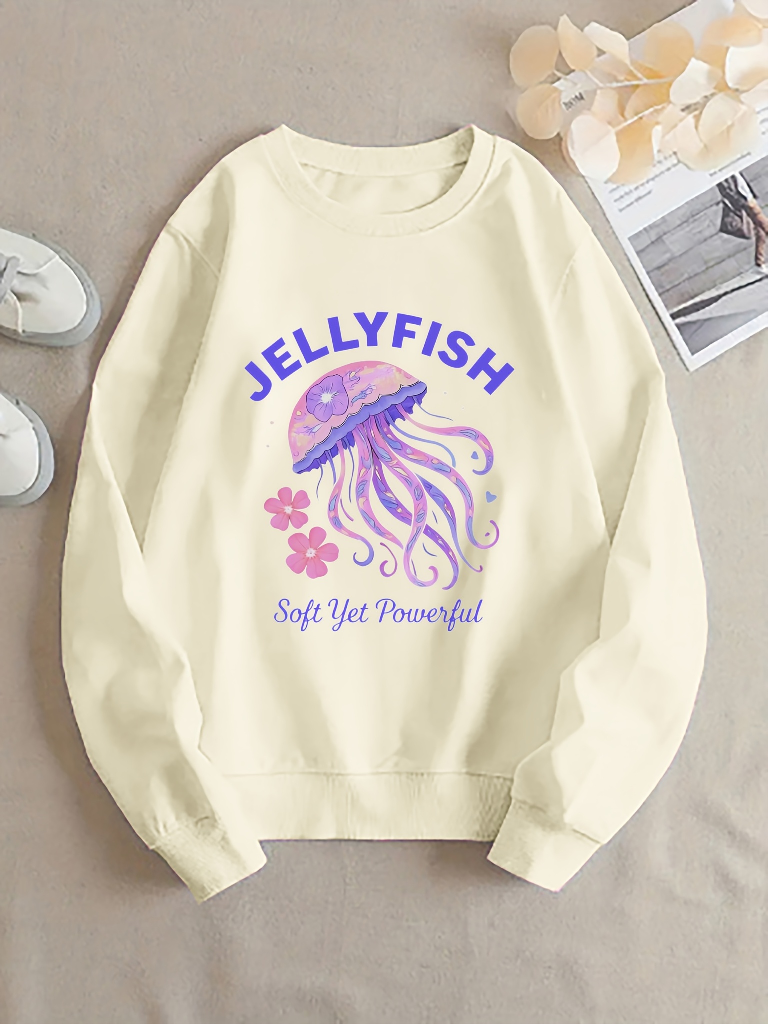 Women's Jellyfish Graphic Sweatshirt - Soft Yet Powerful Design, Casual Crew Neck Pullover With Floral Print, Lightweight Polyester For Spring & Summer, Summer Casual Wear | Playful Print Pullover | Soft Texture Fabric | IFYHOME