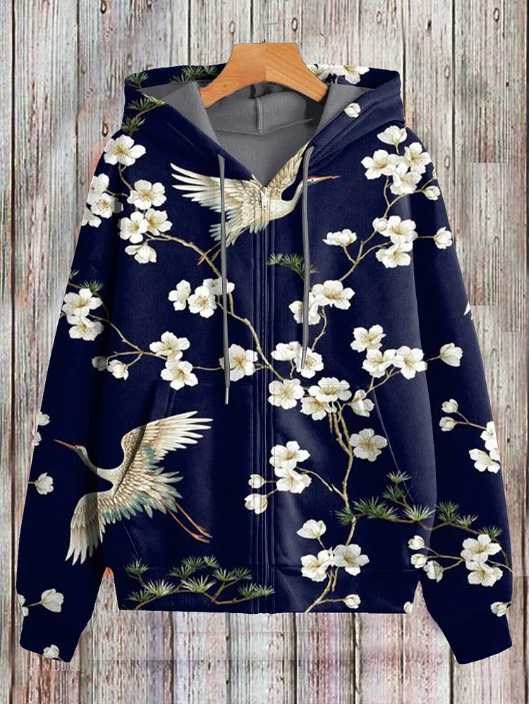 Women's Retro Floral Plant Birds Chinese Art Print Hooded Zip Up Jacket
