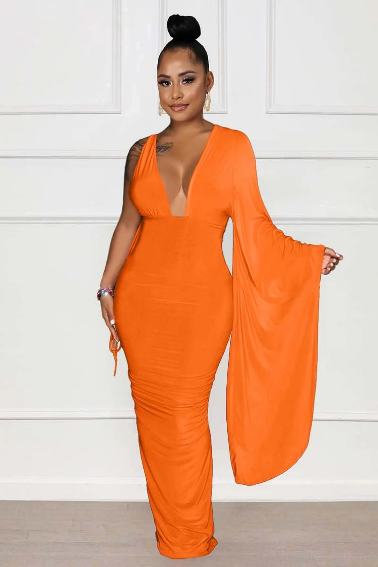Deep V Neck One-Side Flowy Long Sleeve Tie Up Backless Ruched Slim Maxi Dresses