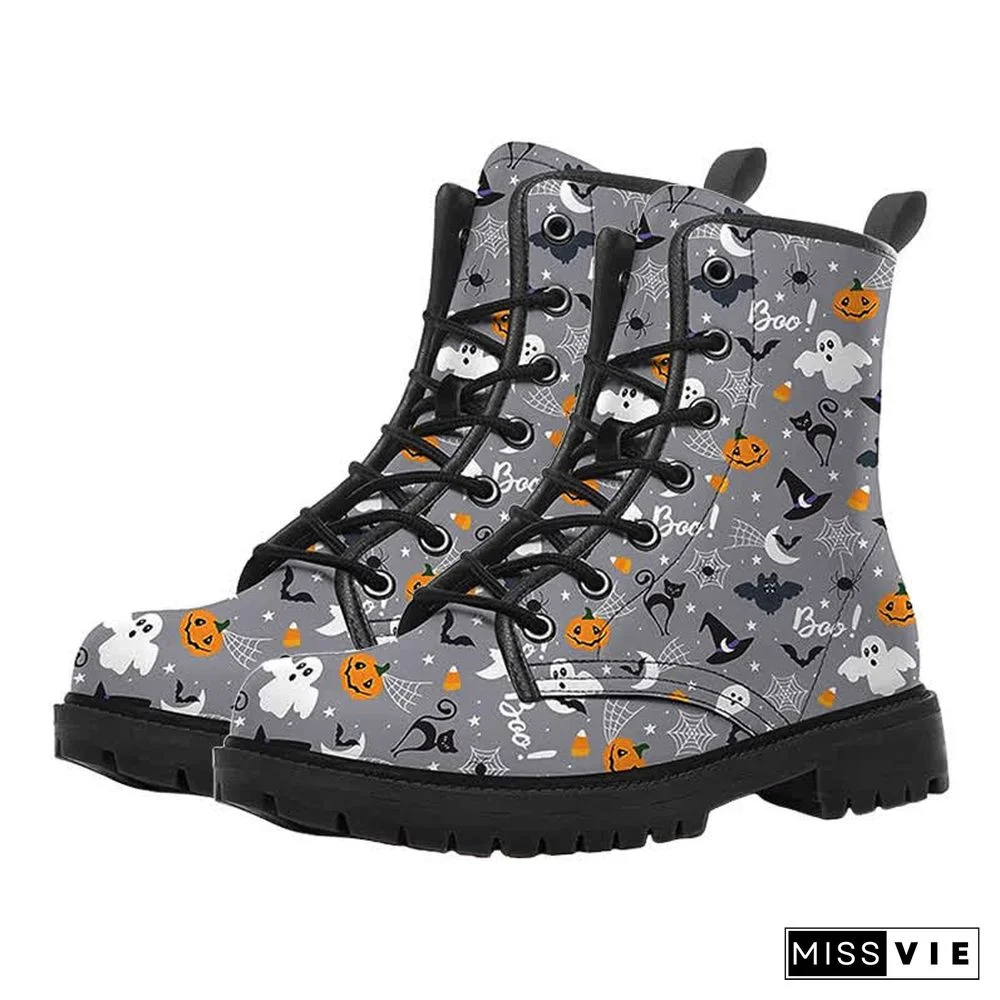 Halloween Dark Ghost Pumpkin Print Lace Up Boots