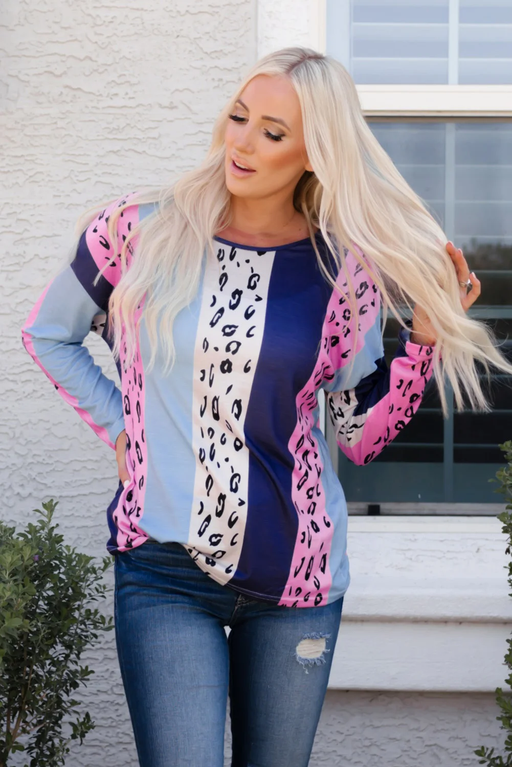 Leopard Color Block Leopard Long Sleeve Blouse | IFYHOME