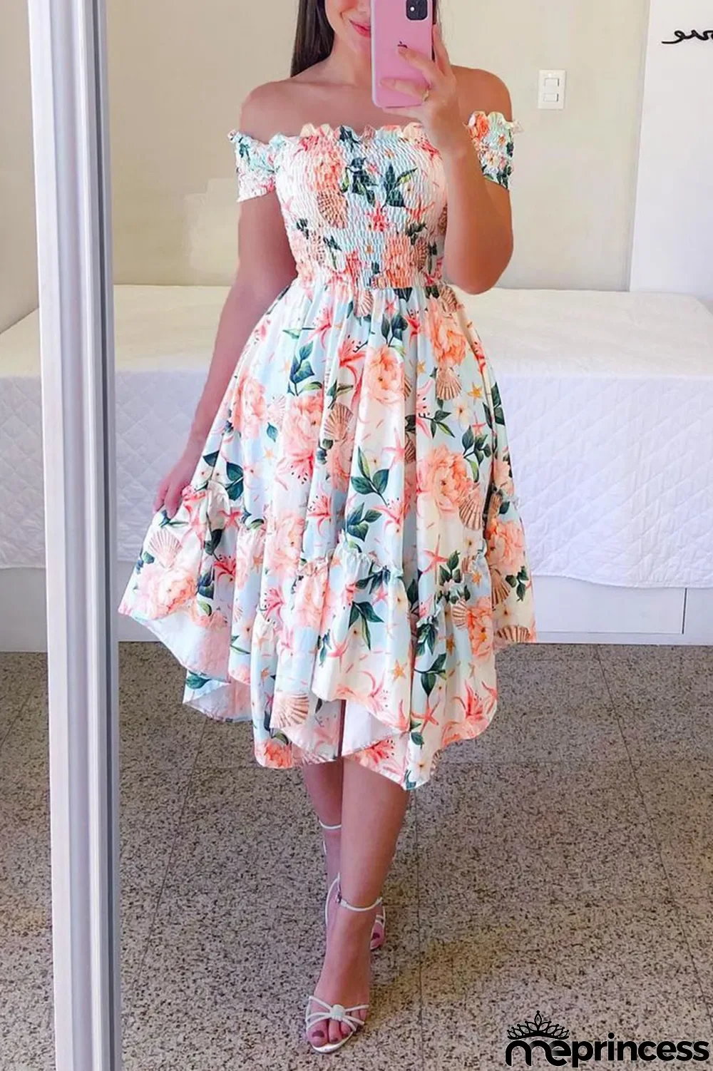 Pink Casual Sweet Print Split Joint Fold Asymmetrical Off the Shoulder Irregular Dress Dresses