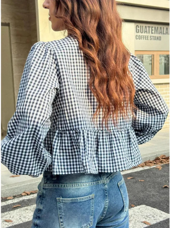 Nigikala Nigikala Women's Plaid Loose Bow Long-Sleeved Shirt