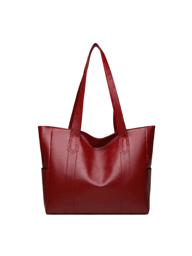Casual Big Capacity Shoulder Handbag Women Solid PU Top-handle Bags (Red)