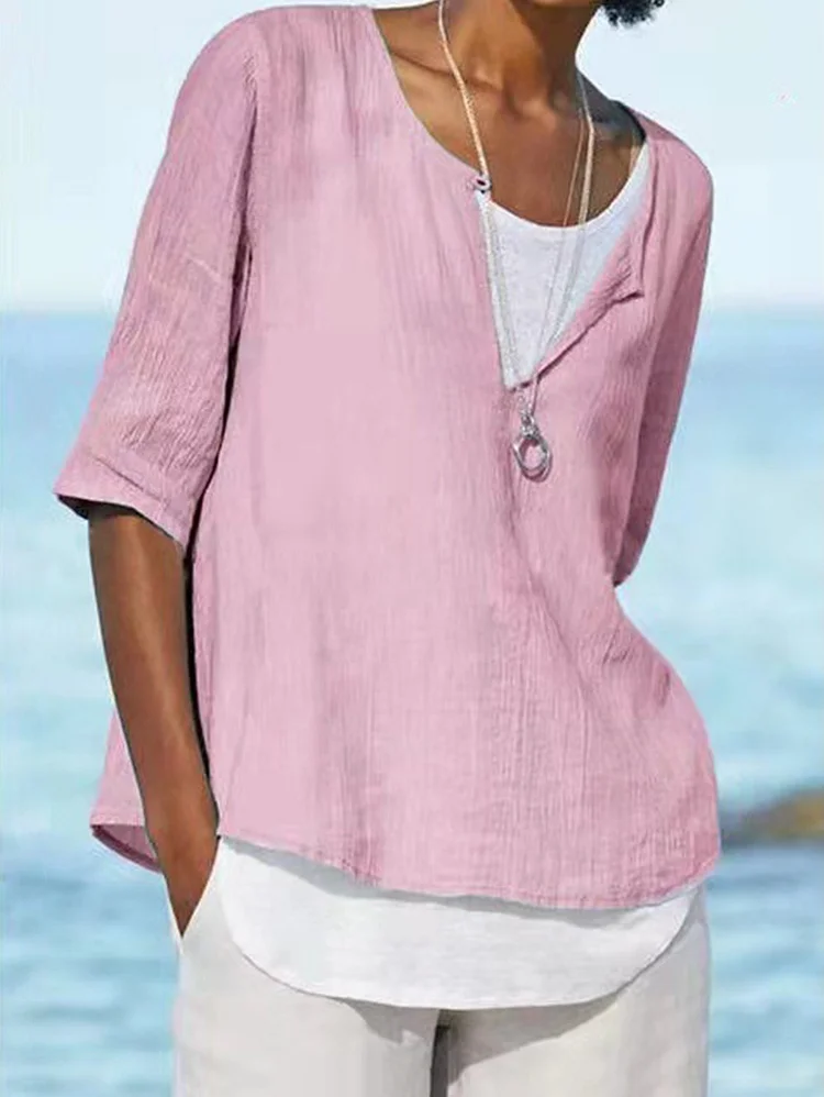 V-neck Solid Color Cotton And Linen Loose Top