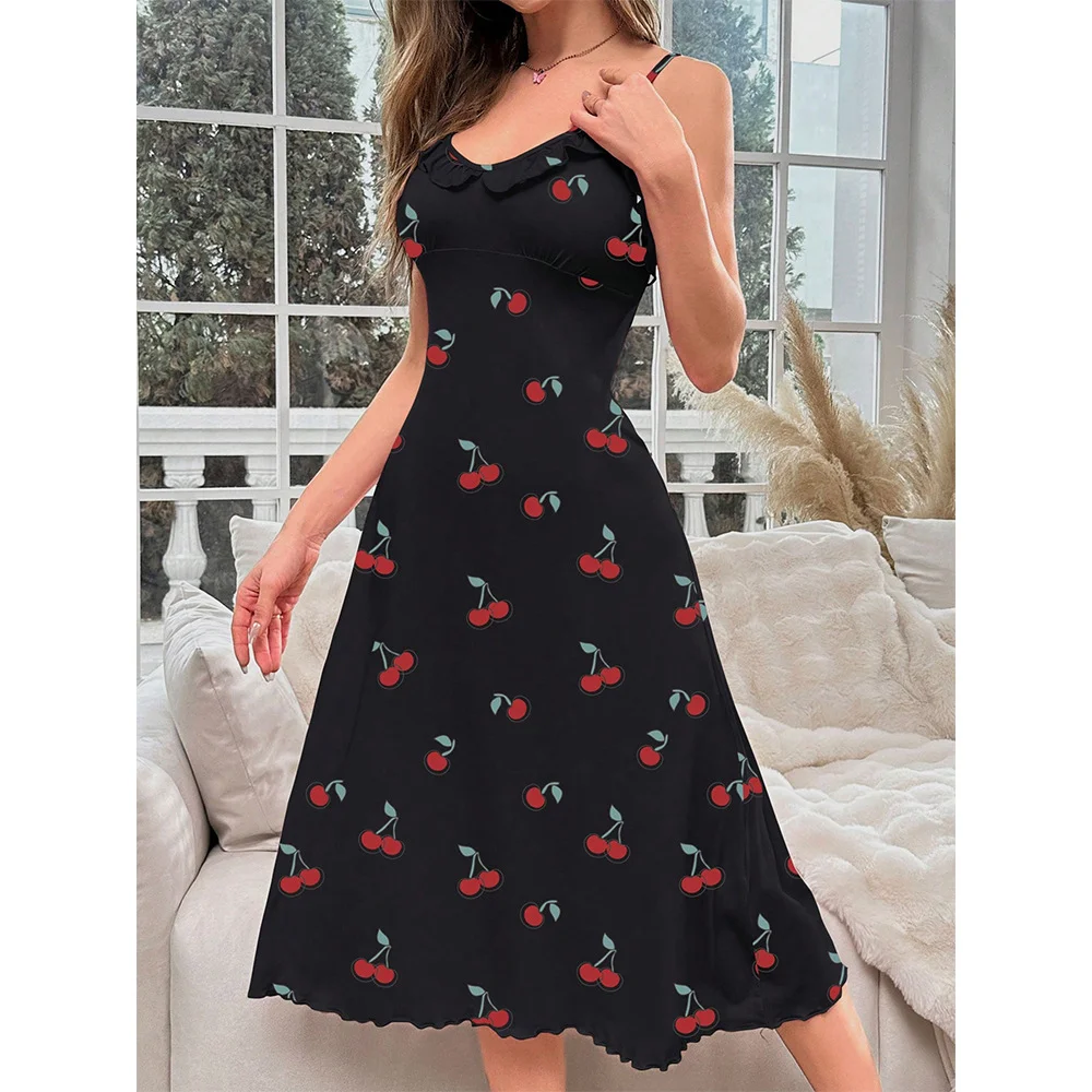 Uveng Uveng Cherry Print Medium And Long Dress Pyjamas Sexy Comfortable Home Clothes Women