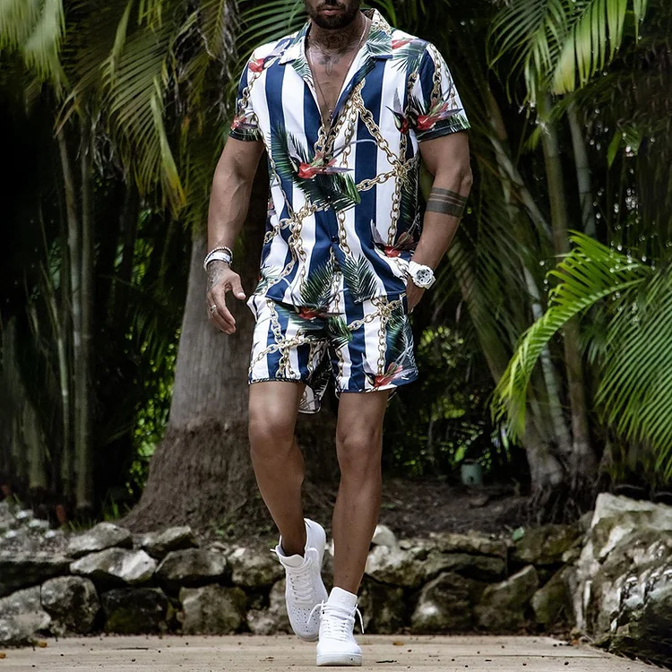 BrosWear Holiday Tropical Stripe Print Casual Shirt And Shorts Co-Ord