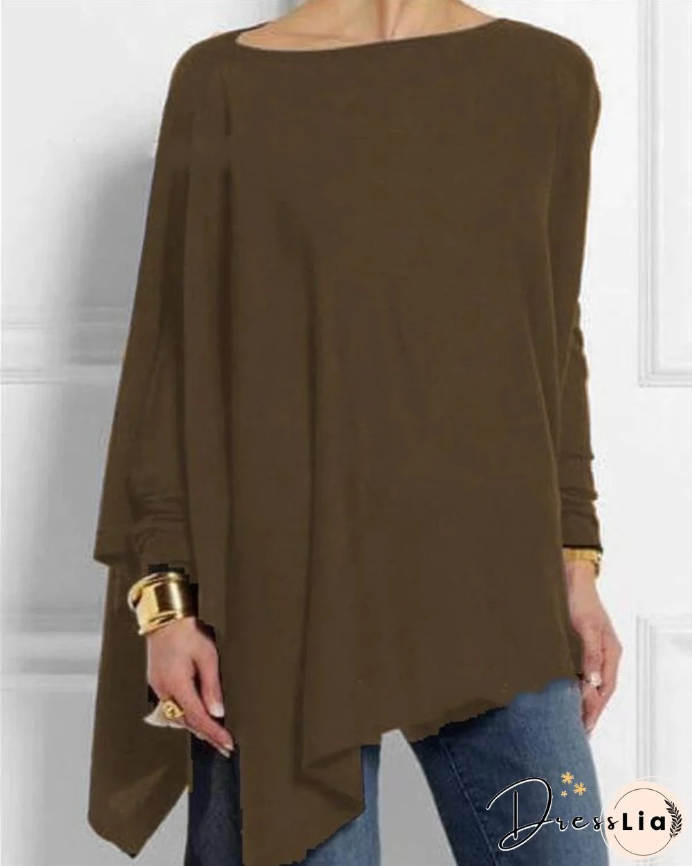 Solid Long Sleeve Crew Neck Casual Irregular Blouses Tops