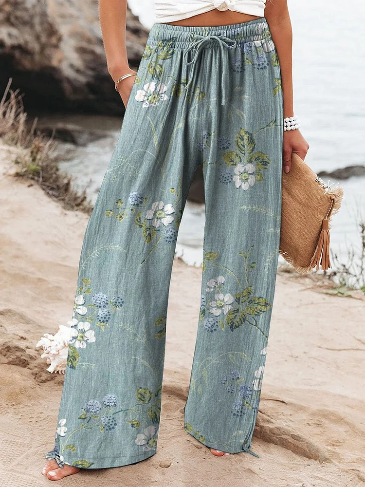 Women's Vintage Floral Art Printed Cotton And Linen Casual Pants