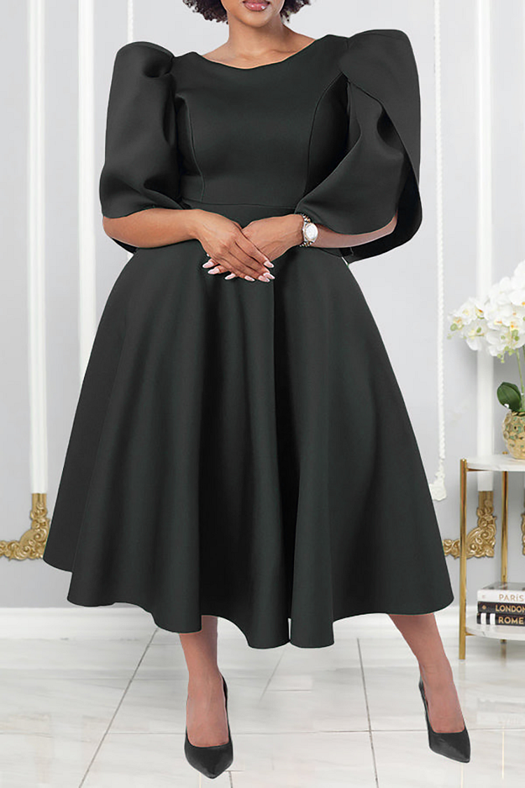 Plus Size White Formal Bubble Sleeve A-line Swing Midi Dresses