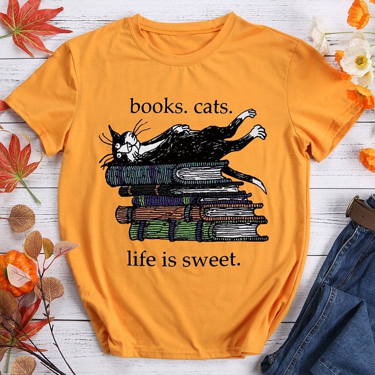 Books Cats Life Is Sweet T-shirt Tee -01474