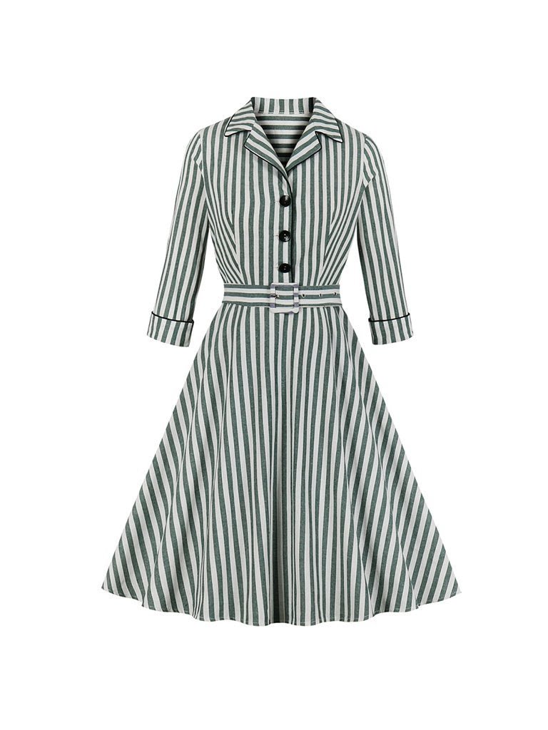Vintage Dress Striped Lapel Swing Dress